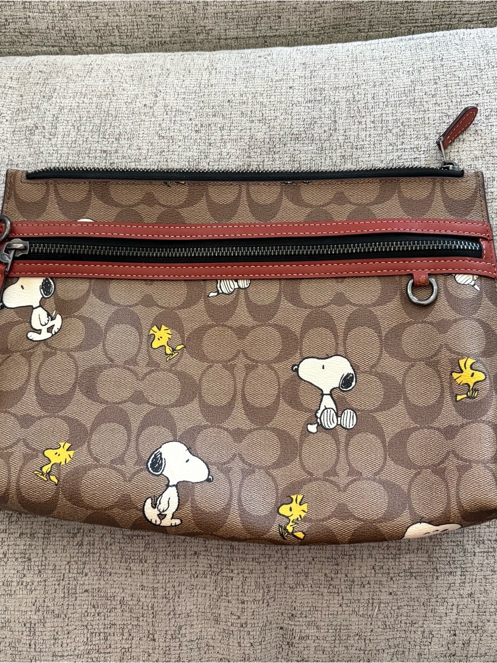 Coach Brown Signature Snoopy & Woodstock Zip Wristlet with Red Trim